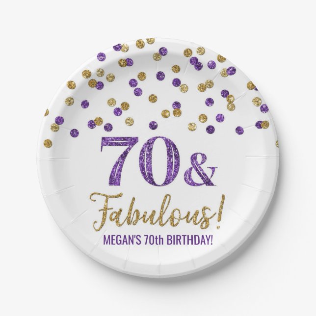 Assiettes En Carton Purple Gold Confetti 70 et Fabuleux anniversaire (Devant)