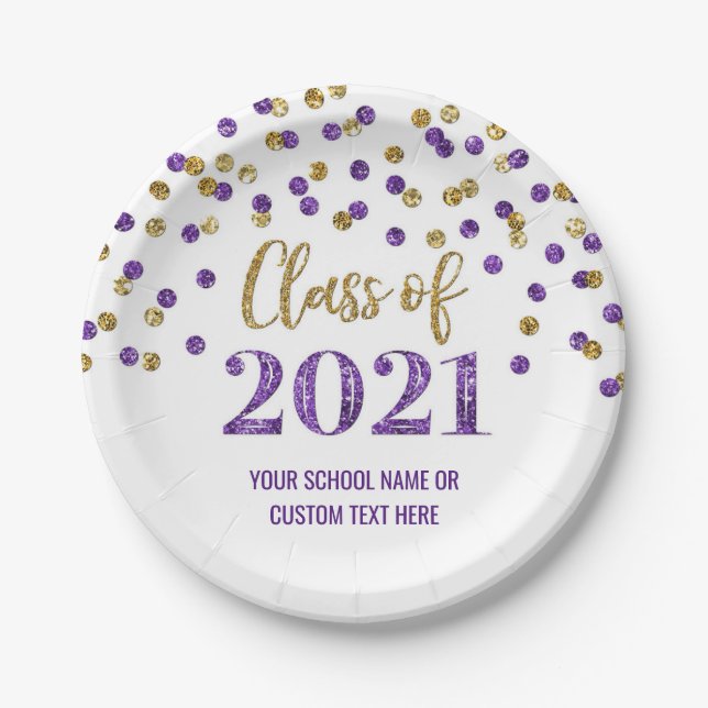 Assiettes En Carton Purple Gold Confetti Graduation 2021 (Devant)