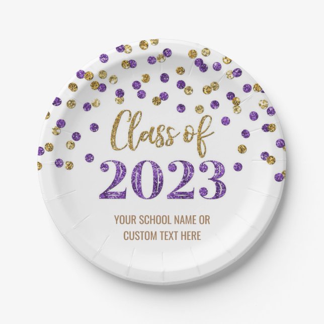 Assiettes En Carton Purple Gold Confetti Graduation 2023 (Devant)