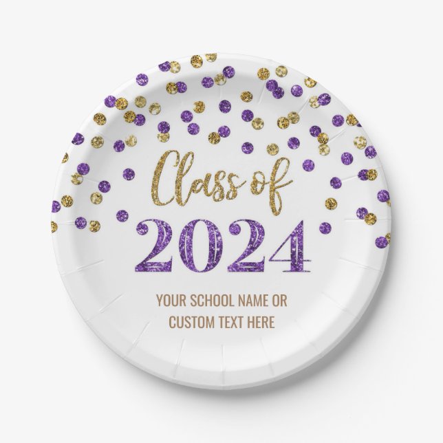 Assiettes En Carton Purple Gold Confetti Graduation 2024 (Devant)