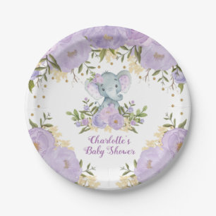Assiettes En Carton Purple Gold Floral Elephant Baby Girl Douche Party