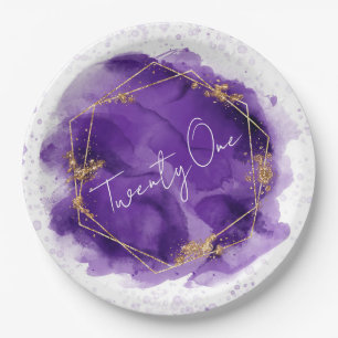 Assiettes En Carton Purple Gold Géométrique Chic 21e fête d'anniversai