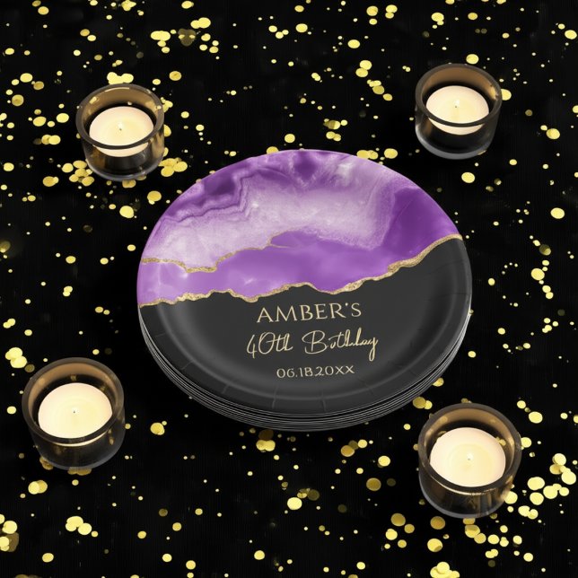 Assiettes En Carton Purple Gold Glitter Abstract Watercolor Marble  (Créateur téléchargé)