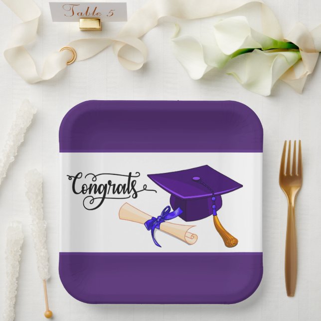 Assiettes En Carton Purple Graduation Cap And Diploma  (Mariage)