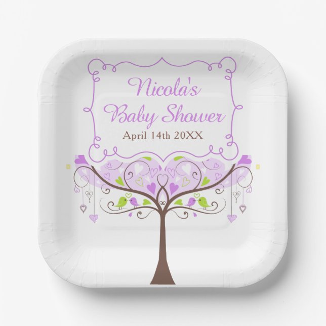 Assiettes En Carton Purple & Green Floral Bird Baby Shower (Recto)