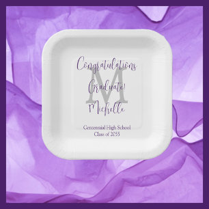 Assiettes En Carton Purple Grey Blanc Monogrammé Parti de Graduation