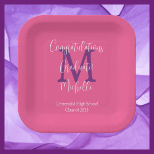 Assiettes En Carton Purple Grey Blanc Monogrammé Parti de Graduation