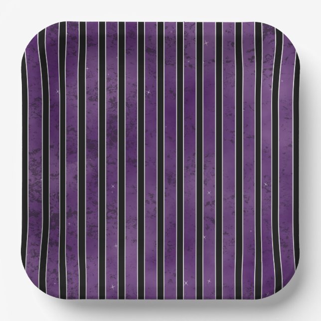 ASSIETTES EN CARTON PURPLE HALLOWEEN ARGENT NOIR STRIPES (Recto)