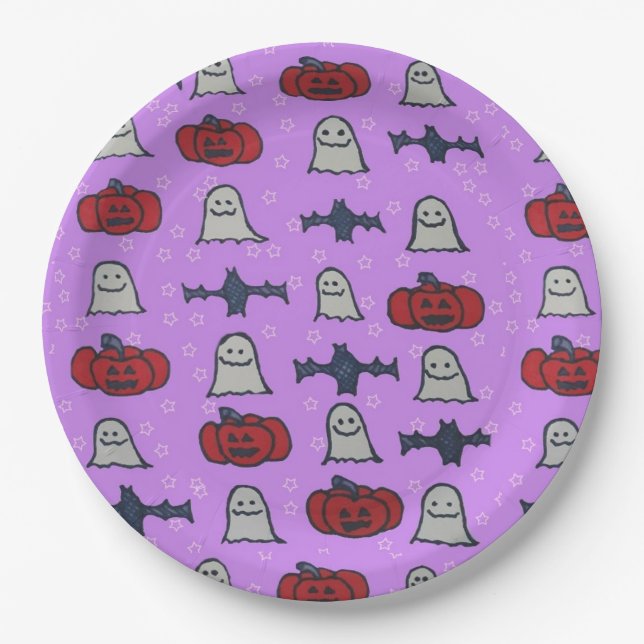 Assiettes En Carton Purple Halloween Fun Print (Devant)