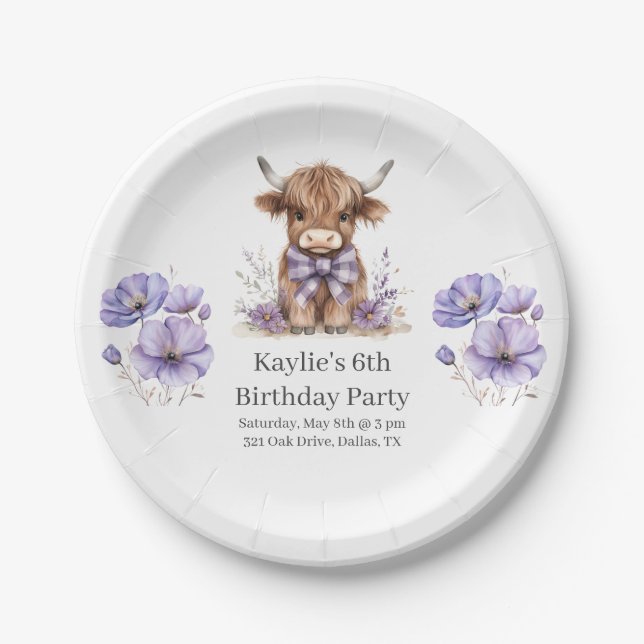 Assiettes En Carton Purple Highland Cow fête d'anniversaire (Devant)