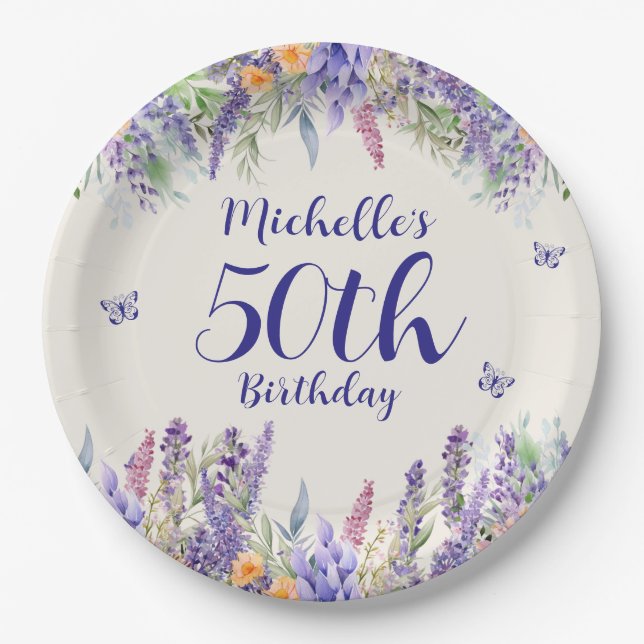 Assiettes En Carton Purple Lavender Floral 50th Birthday (Devant)