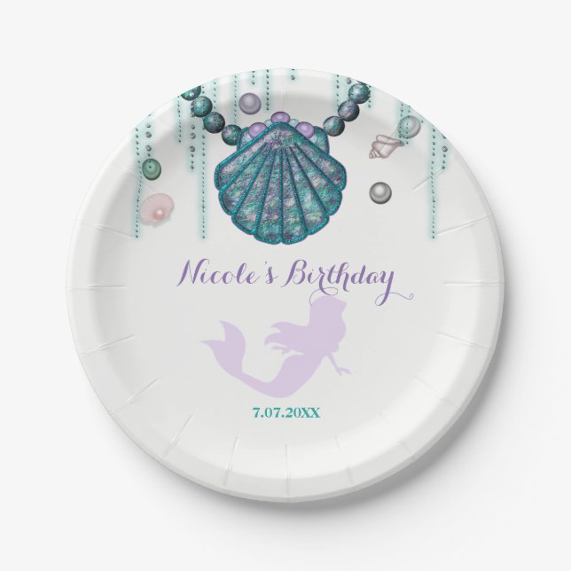 Assiettes En Carton Purple Mermaid Beach Bling Anniversaire fête Perso (Devant)