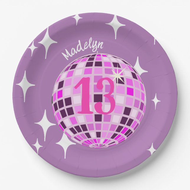 Assiettes En Carton Purple Modern Disco Mirror Ball 13e anniversaire (Devant)