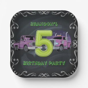 Assiettes En Carton Purple Neon Trucks 5e anniversaire fête