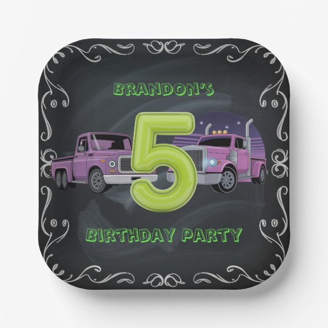 Assiettes En Carton Purple Neon Trucks 5e anniversaire fête (Recto)