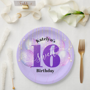 Assiettes En Carton Purple Parties scintillant Sweet 16 Ballons d'anni