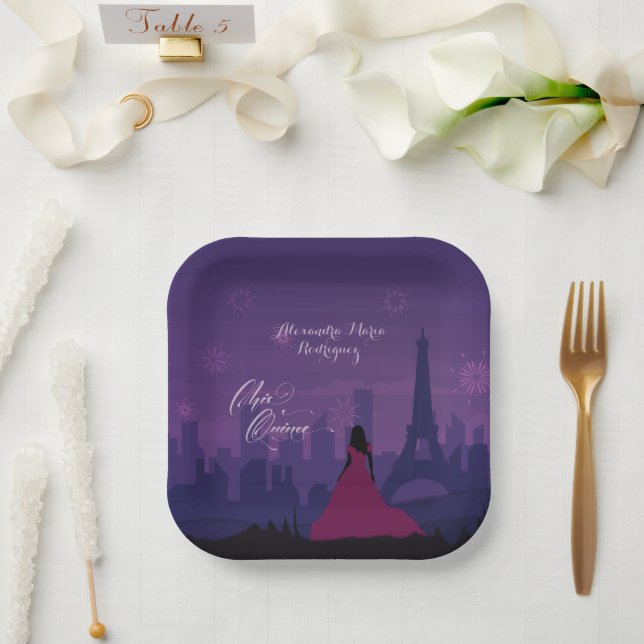 Assiettes En Carton Purple Pink Paris Fireworks Quinceañera (Mariage)