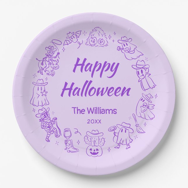 Assiettes En Carton Purple Quirky Main tiré Cowboy Happy Halloween (Devant)