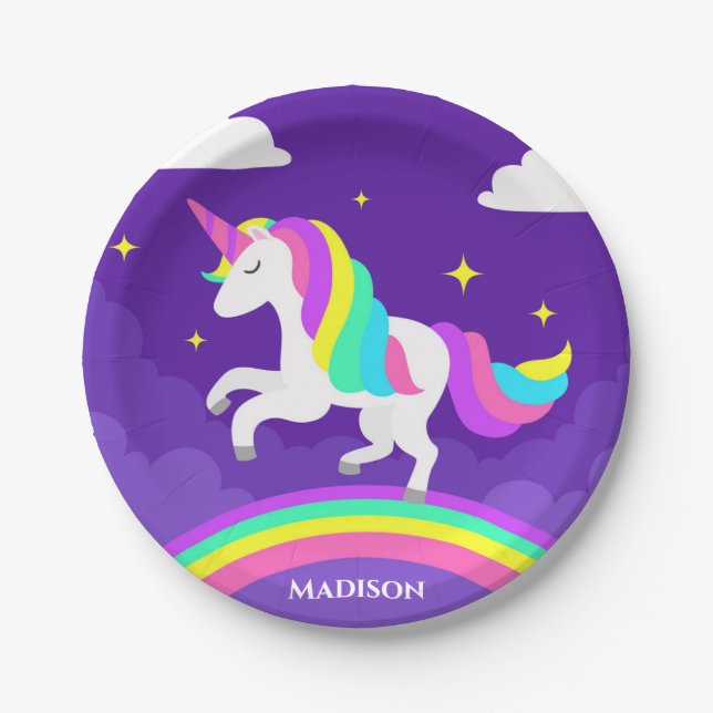 Assiettes En Carton Purple Rainbow Unicorn Party Nom personnalisé (Devant)