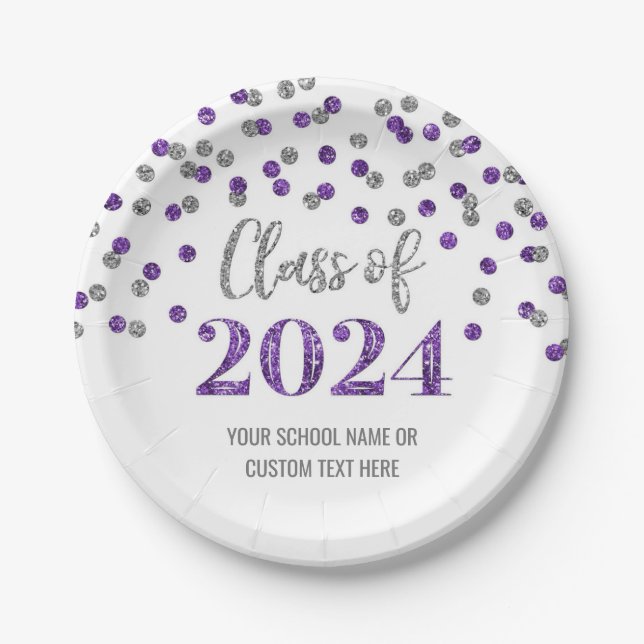 Assiettes En Carton Purple Silver Confetti Graduation 2024 (Devant)