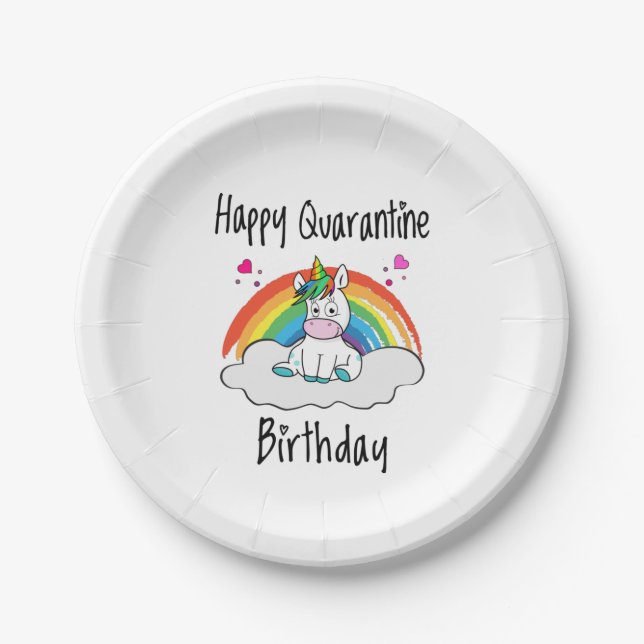Assiettes En Carton Quarantine Anniversaire Unicorn arc-en-ciel (Devant)