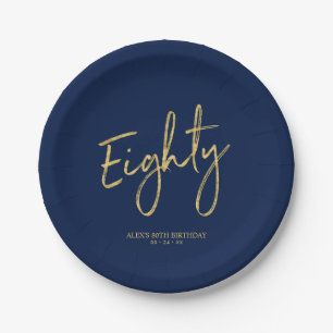 Assiettes En Carton Quatre-vingts   Gold & Navy Lettering 80th Birthda