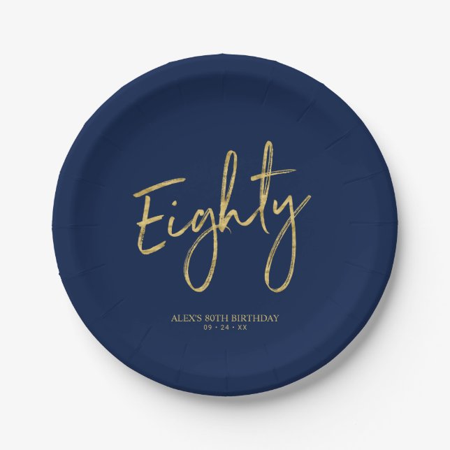 Assiettes En Carton Quatre-vingts | Gold & Navy Lettering 80th Birthda (Devant)