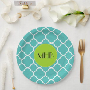 Assiettes En Carton Quatrefoil bleu, Trellis marocain, Monogramme