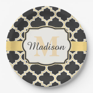 Assiettes En Carton Quatrefoil marocain noir et doré