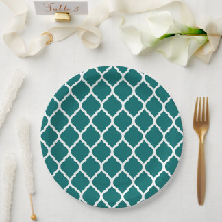 Assiettes En Carton Quatrefoil marocain Turquoise foncé et blanc