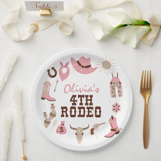 Assiettes En Carton Quatrième rodéo rose cowboy occidental 4e annivers (Mariage)
