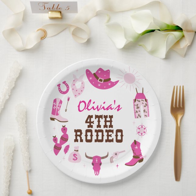 Assiettes En Carton Quatrième rodéo rose cowboy occidental 4e annivers (Mariage)