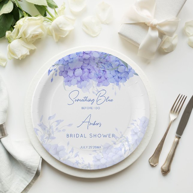 Assiettes En Carton Quelque chose bleu hydrangée douche nuptiale impri (Something blue hydrangea bridal shower monogram printed paper plates personalized table decor)