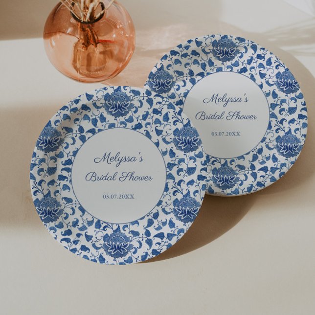 Assiettes En Carton Quelque chose de bleu Chinoiserie Impression Maria (Something Blue Bridal Shower Party Chinoiserie print paper plates)