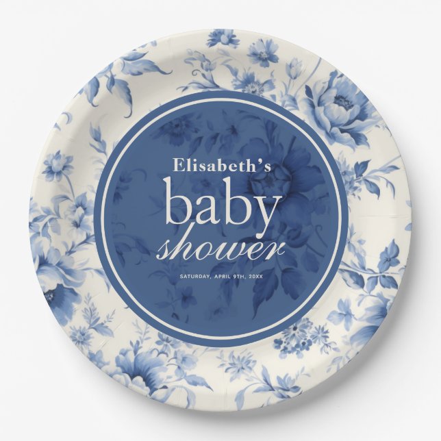 Assiettes En Carton Quelque chose de bleu Floral Baby shower Toile Fra (Devant)