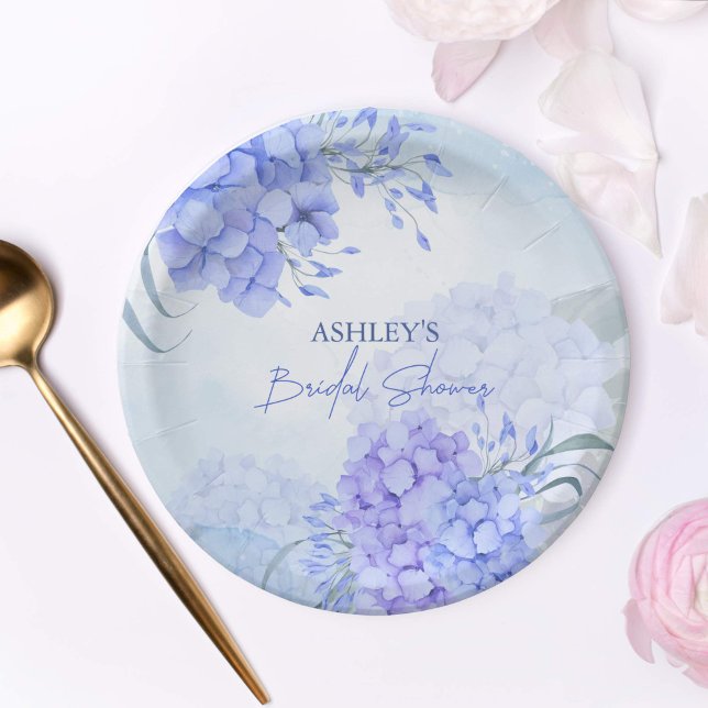 Assiettes En Carton Quelque chose de bleu hydrangée élégante douche nu (Something blue before i do bridal shower blue hydrangeas personalized floral paper plates)