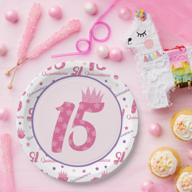 Assiettes En Carton Quinceañera 15e anniversaire rose pourpre couronne (Fête)