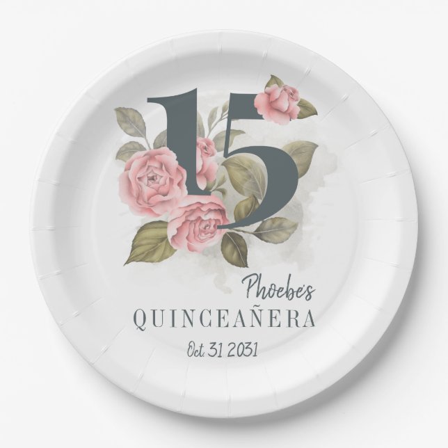 Assiettes En Carton Quinceanera 15e anniversaire Rustique Floral (Devant)