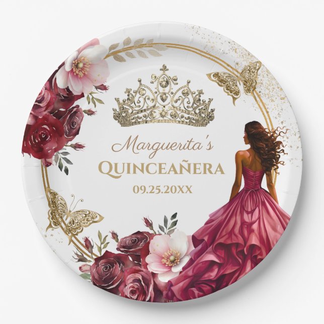 Assiettes En Carton Quinceañera Burgundy Blush Gold Floral Princess (Devant)