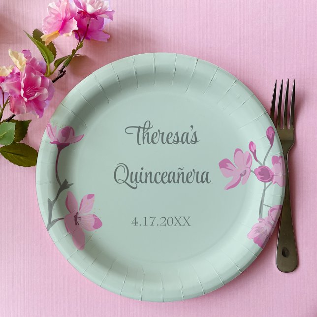Assiettes En Carton Quinceanera en fleurs de cerisier rose et menthe v (Créateur téléchargé)