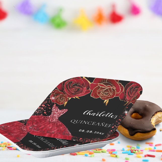 Assiettes En Carton Quinceanera fleurs de robe rouge noire (Créateur téléchargé)