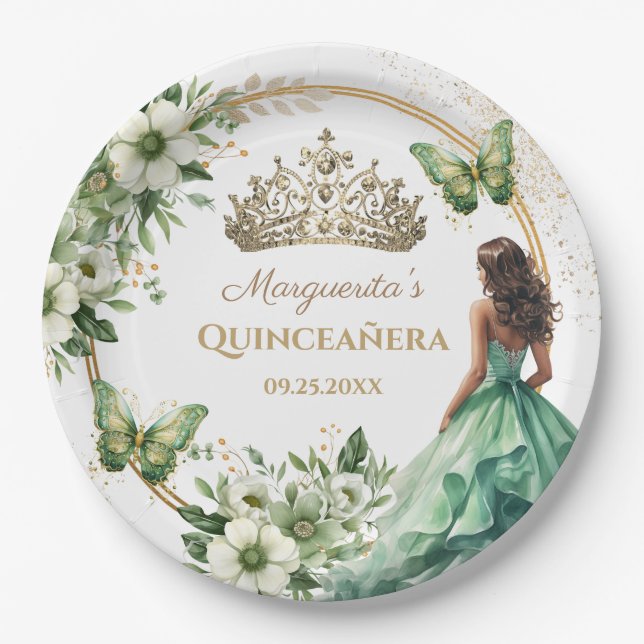 Assiettes En Carton Quinceañera Green Floral Butterfly Gold Tiara (Devant)