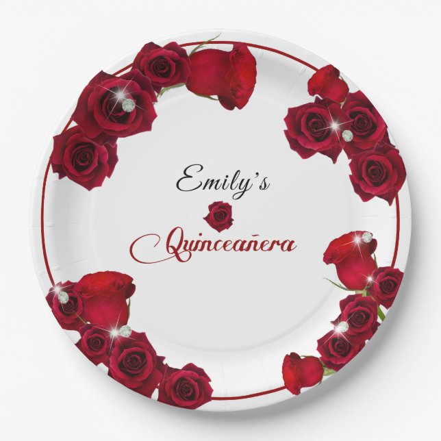 Assiettes En Carton Quinceanera Jolies Roses Rouges Diamants   (Devant)