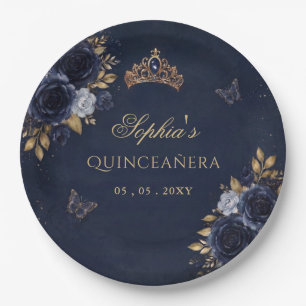 Assiettes En Carton Quinceañera papillon floral or et marine