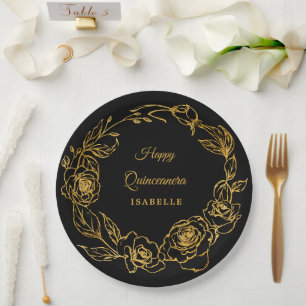 Assiettes En Carton Quinceanera Party Luxe Gold Rose Floral Noir