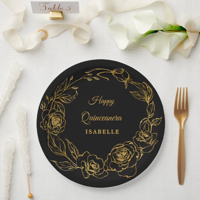 Assiettes En Carton Quinceanera Party Luxe Gold Rose Floral Noir (Mariage)
