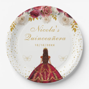 Assiettes En Carton Quinceañera princesse florale rouge