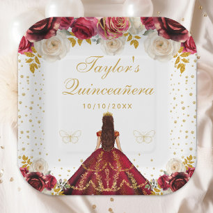 Assiettes En Carton Quinceañera princesse florale rouge