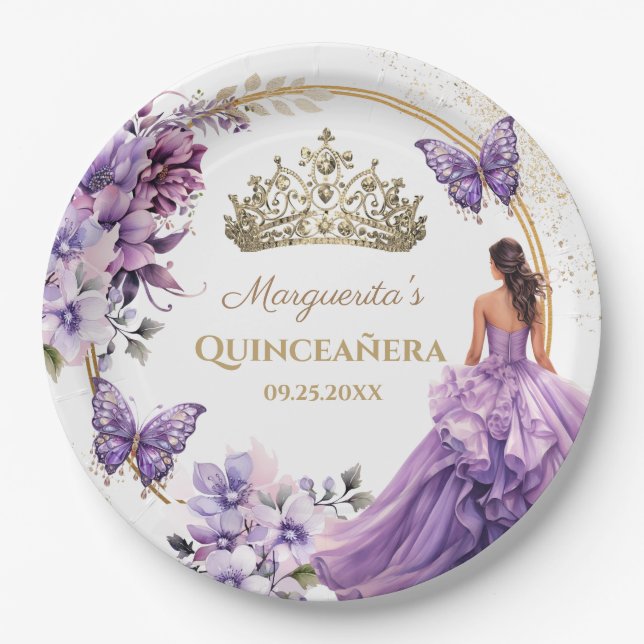 Assiettes En Carton Quinceañera Purple Floral Gold Tiara Butterfly (Devant)