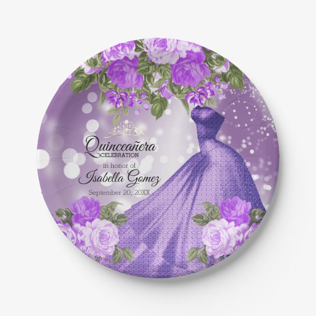 Assiettes En Carton Quinceañera Purple Gown et Fleurs (Devant)